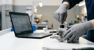 Tecnico assembla una valvola oleodinamica al banco di lavoro