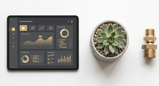 Tablet con dashboard di monitoraggio, pianta e raccordo in ottone